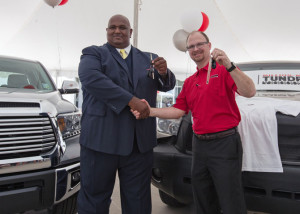 On May 11th 2016 Victor Sheppard was presented with a 2016 Tundra Limited in exchange for his Million-Mile 2007 Tundra during a ceremony at Greg LeBlanc Toyota in Houma, Louisiana. Here he is seen swapping keys with Toyota Tundra Chief Engineer Mike Sweers.